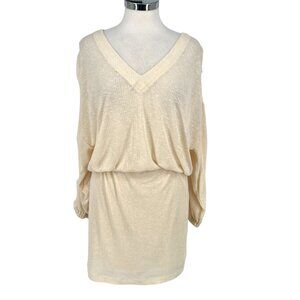Free People Beach Bambi Mini Dress Ruched Sleeve V-Neck Ivory Cream Size Large